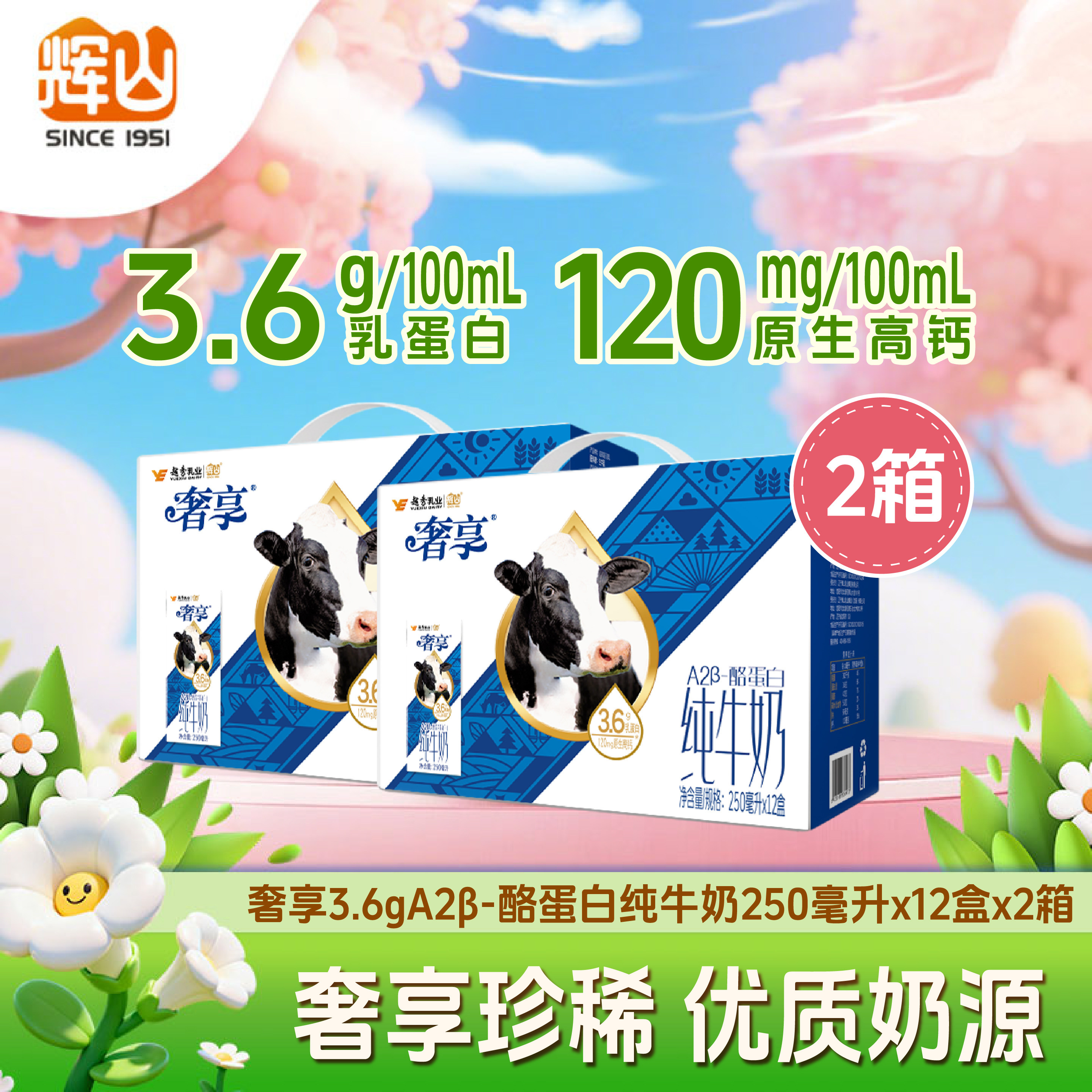 【2箱】辉山奢享纯牛奶3.6gA2蛋白250ml生牛乳营养早餐官方囤货装