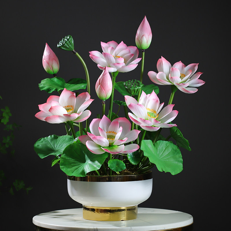 高档手感荷花仿真花佛堂供佛莲花新中式客厅插花瓶摆设件假花盆栽