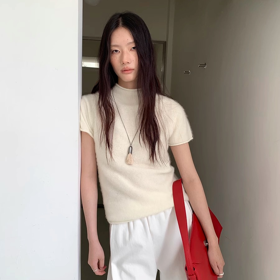 韩系极简风羊毛羊绒短袖女25秋季