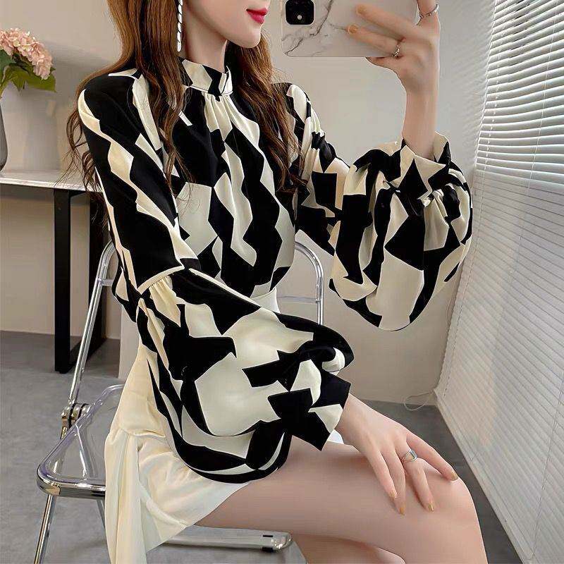 Lantern sleeve printed satin shirt female long-sleeved botto