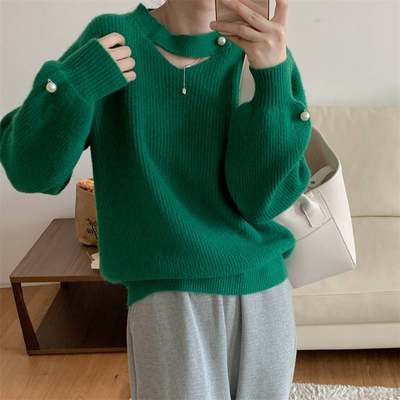 Lazy wind solid colour hanging neck long-sleeved jumper fema