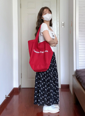 黑色蝴蝶结碎花半身裙阿殊 ASOUL 显瘦高腰 A 字裙