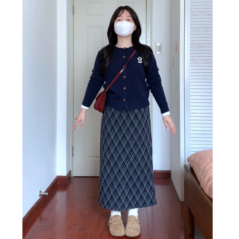 复古菱格高腰半松紧后开叉显瘦半身裙阿殊 ASOUL 微胖小个子裙子