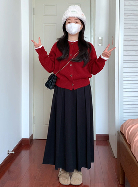 高腰半松紧贝壳扣百褶裙阿殊 ASOUL 微胖小个子显瘦显高长裙女