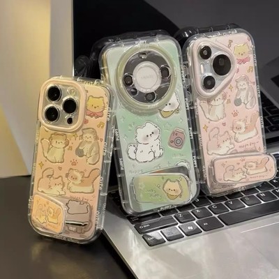 卡通多只小猫带镜子支架适用华为mate70pro手机壳新款pura80/70情侣p60/p50全包畅享80防摔nova14/13软保护套