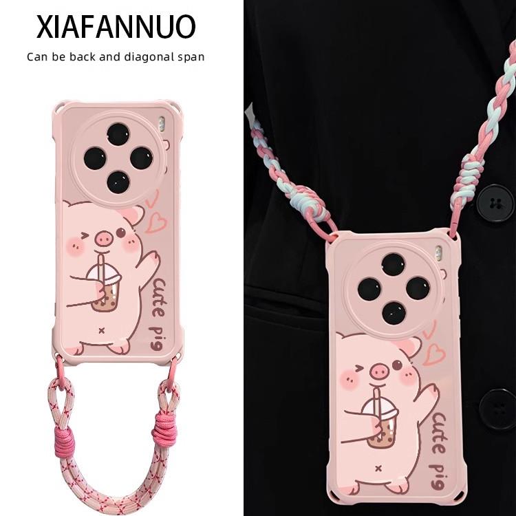 卡通粉色猪猪opporeno14pro新款手机壳reno13/12/11/10可爱简约k12x/k11腕带斜跨a3x/a58防摔女款全包保护套
