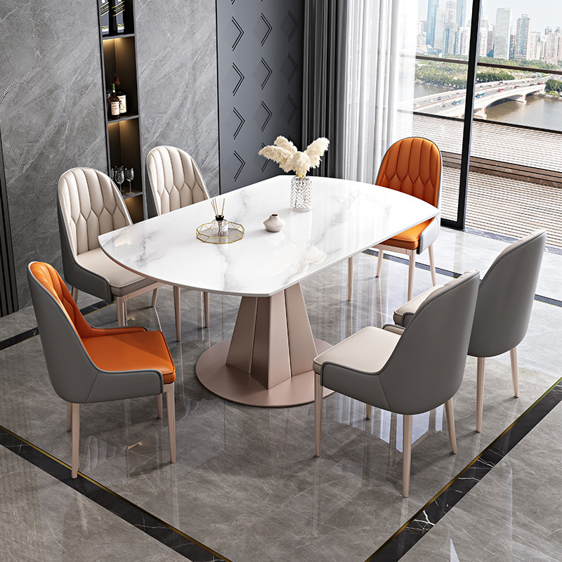 现代简约岩板亮光轻奢家用小户型餐桌椅组合可伸缩圆形岩板餐桌