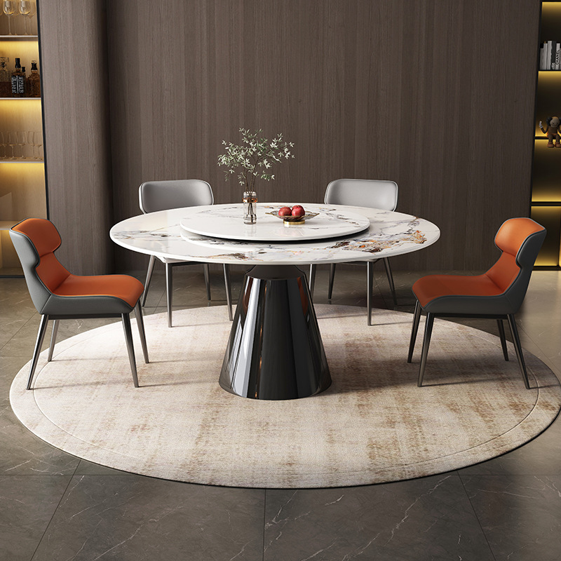 餐桌椅组合现代简约家用小户型轻奢岩板圆形八人吃饭桌带转盘