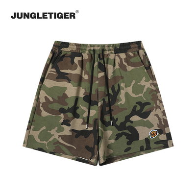 潮牌虎头刺绣迷彩针织短裤五分裤