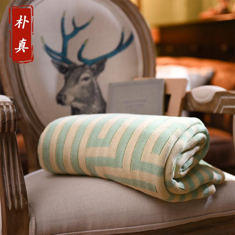 新款礼品纯棉提花毛线毯 几何图针织盖毯午休毯懒人毯双面可用