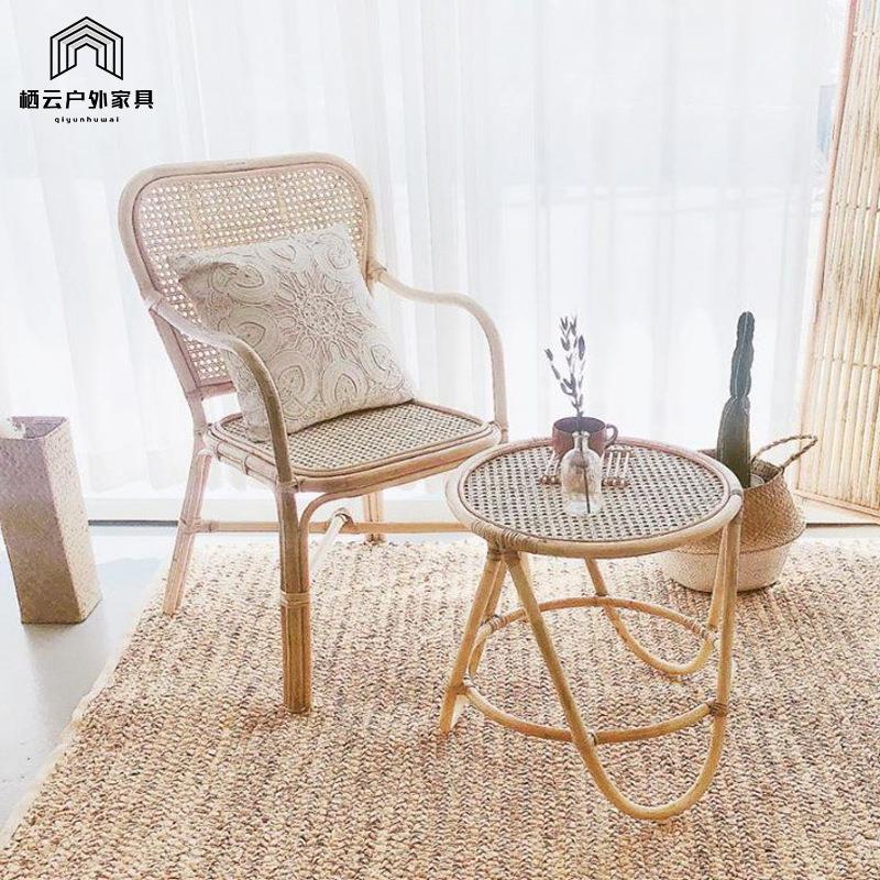 藤编小茶几简约圆形小边几民宿手工圆几餐椅组合藤椅屏风日式