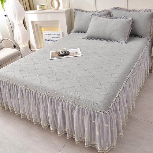 3D凉感豆豆床裙款凉席三件套夏季冰丝席可机洗折叠家用空调软席子