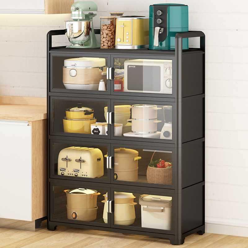 厨房带玻璃门橱柜防尘落地多层多功能置物架碗碟锅具电器储物