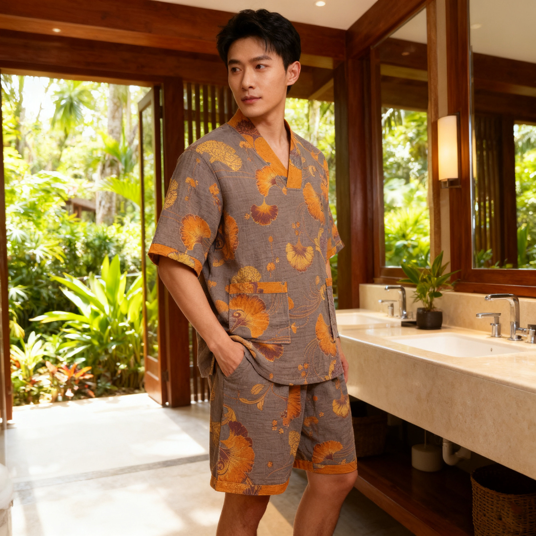 高档双层纱汗蒸服女款情侣男士全棉足疗按摩桑拿服浴服加大码纯棉