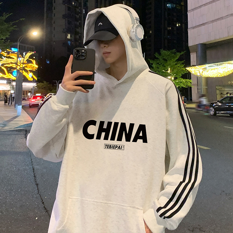 国潮情侣连帽卫衣男春秋潮牌宽松休闲套头上衣帅气印花青少年外套