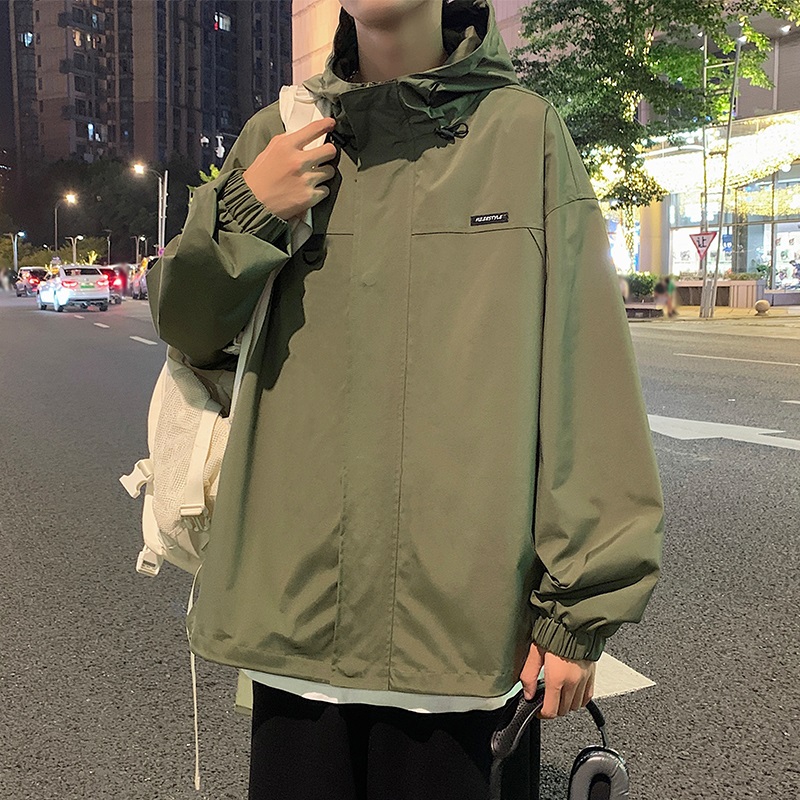 韩版潮流连帽开衫夹克男秋季新款户外休闲纯色宽松登山服工装外套