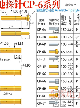 CP-6电池导电针CP-6A 6B 6D/6H/6Q 1.36mm探针100MIL短针