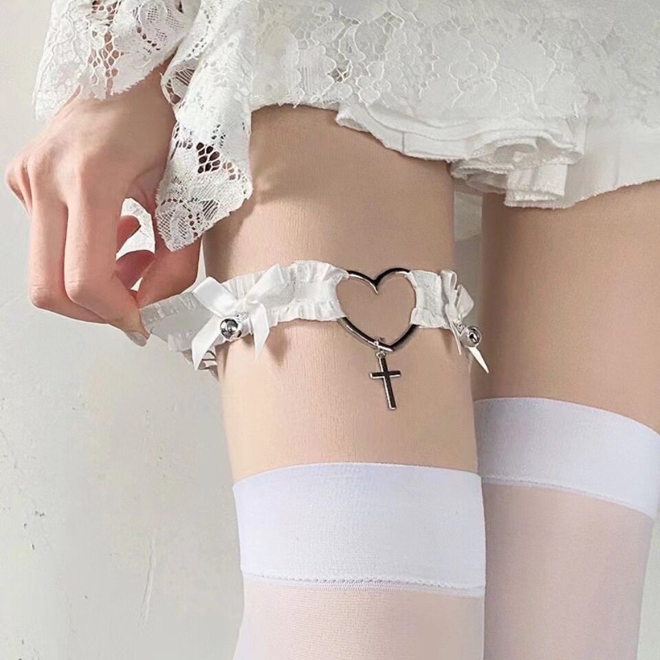 로리타 펑크 고스 러브 보우 벨 다리 링 다리 벨트 여성 초커 탄성 JK 허벅지 링 액세서리