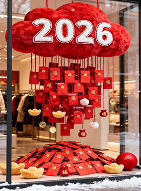 2026新年毛绒云朵福字橱窗摆件