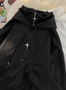 复古潮牌重磅卫衣男假两件高领拉链春秋冬加绒青少年痞帅连帽外套