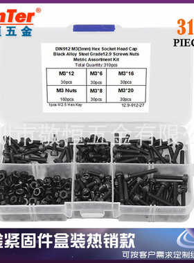 310pcs M3 黑色高强度杯头内六角螺丝螺母组合配内六角扳手盒装