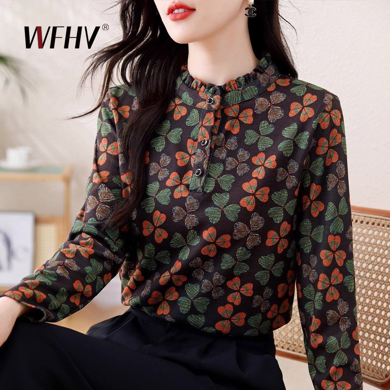 洋气长袖衬衫女秋季新款时尚休闲减龄印花打底衫柔软舒适透气上衣