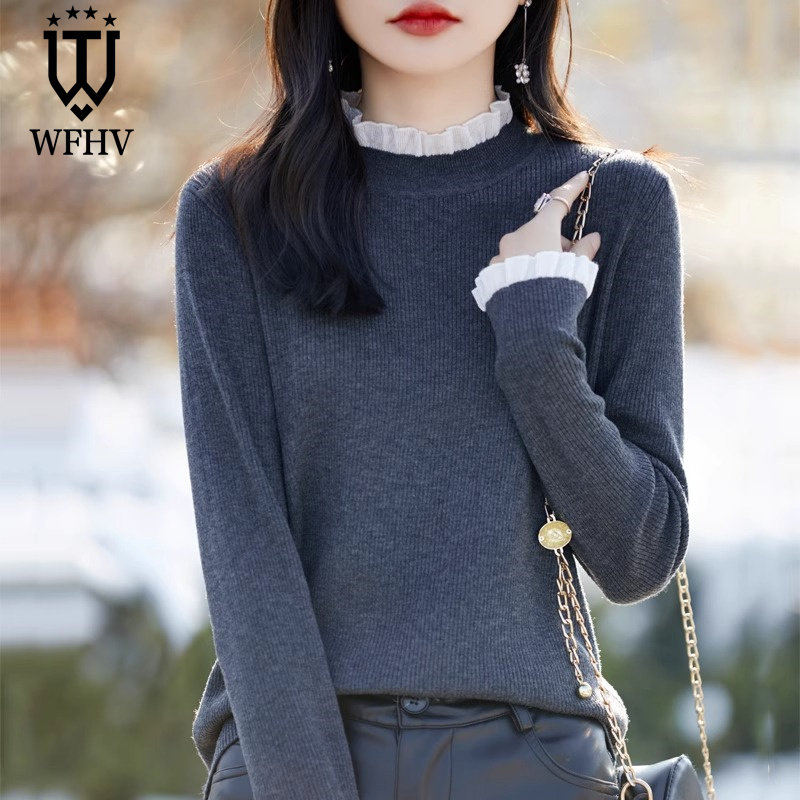 半高领针织衫女2025年春季新款木耳边时尚针织上衣大码蕾丝打底衫