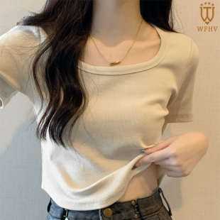 ins風(fēng)韓版 百搭純色正肩打底上衣 T恤女夏季 簡約弧形下擺方領(lǐng)短款
