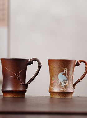 宜兴紫砂杯古法柴烧手工泥绘国风元素个人专用主人杯茶具礼盒装