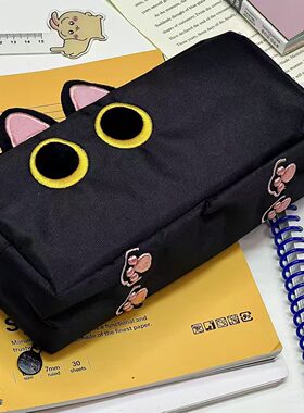 2024新款文具袋女孩版高颜值大学生用黑色喵小豆毛绒铅笔袋猫咪