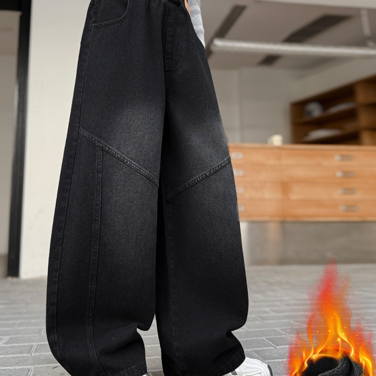 女大童黑色加绒弯道牛仔裤