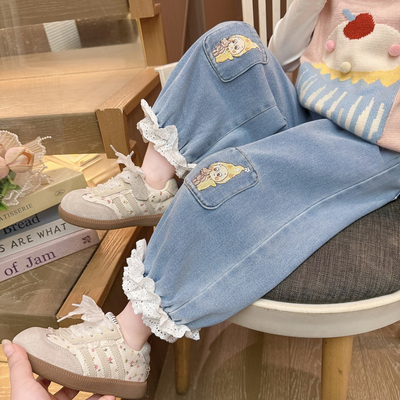 女童星星人贴布花边束脚牛仔裤