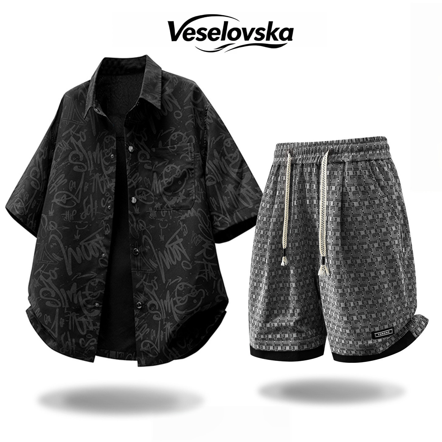 Veselovska潮牌涂鸦印花套装男款夏季短袖衬衫沙滩短裤男两件套