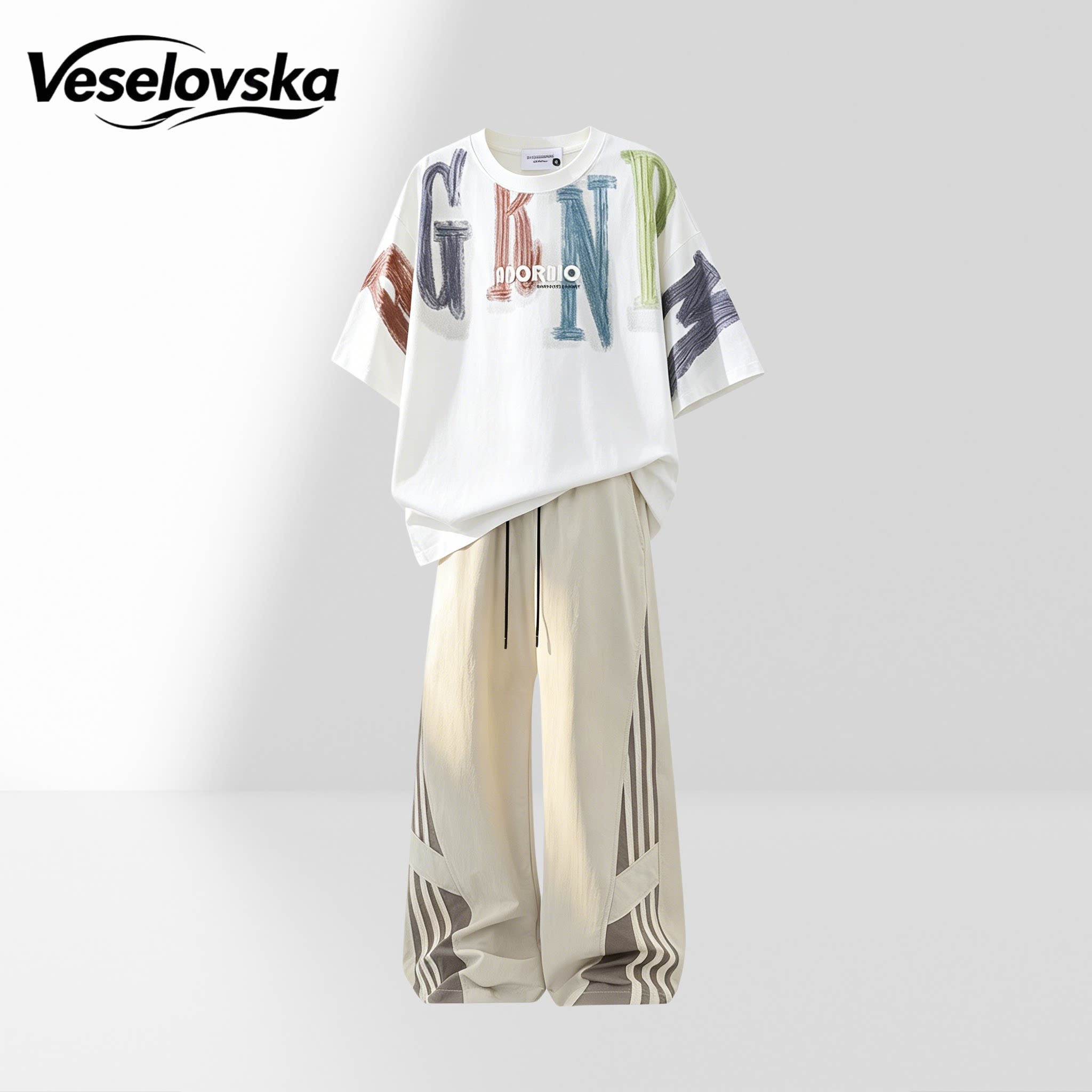 Veselovska潮牌时尚运动套装男夏季休闲短袖T恤百搭长裤两件套