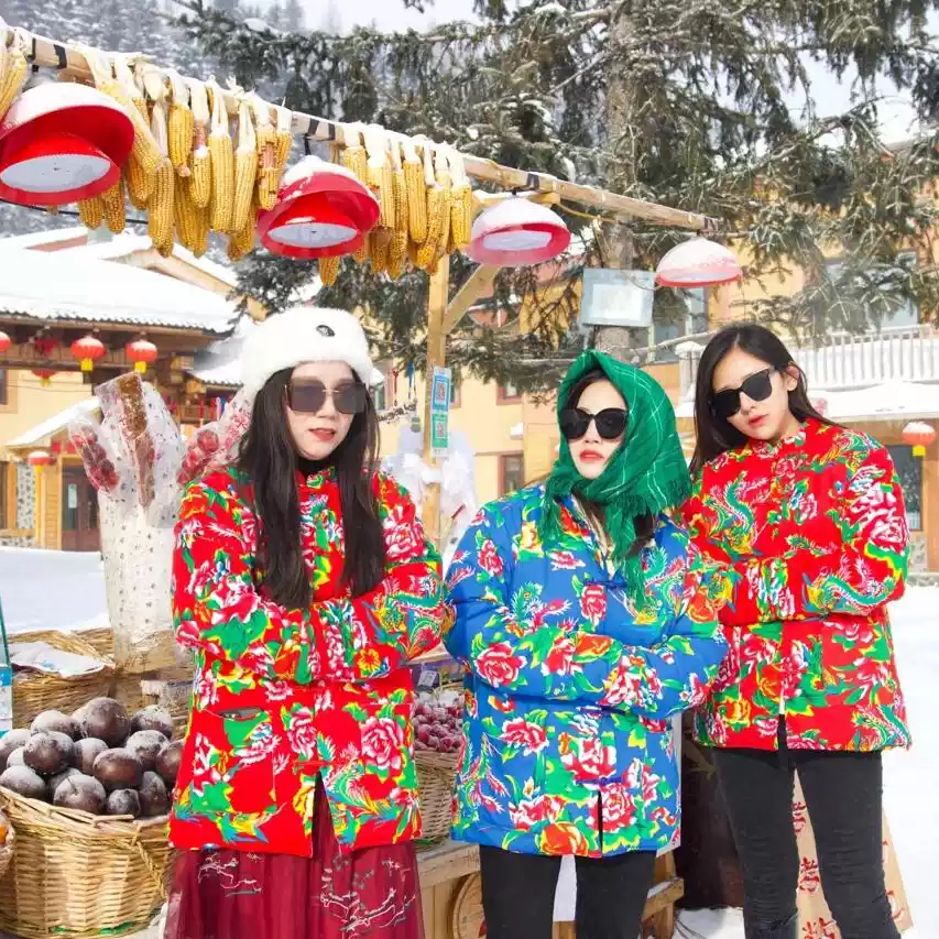 东北大花棉袄加厚保暖丝绵棉衣男女同款活动节目表演服聚会闺蜜装