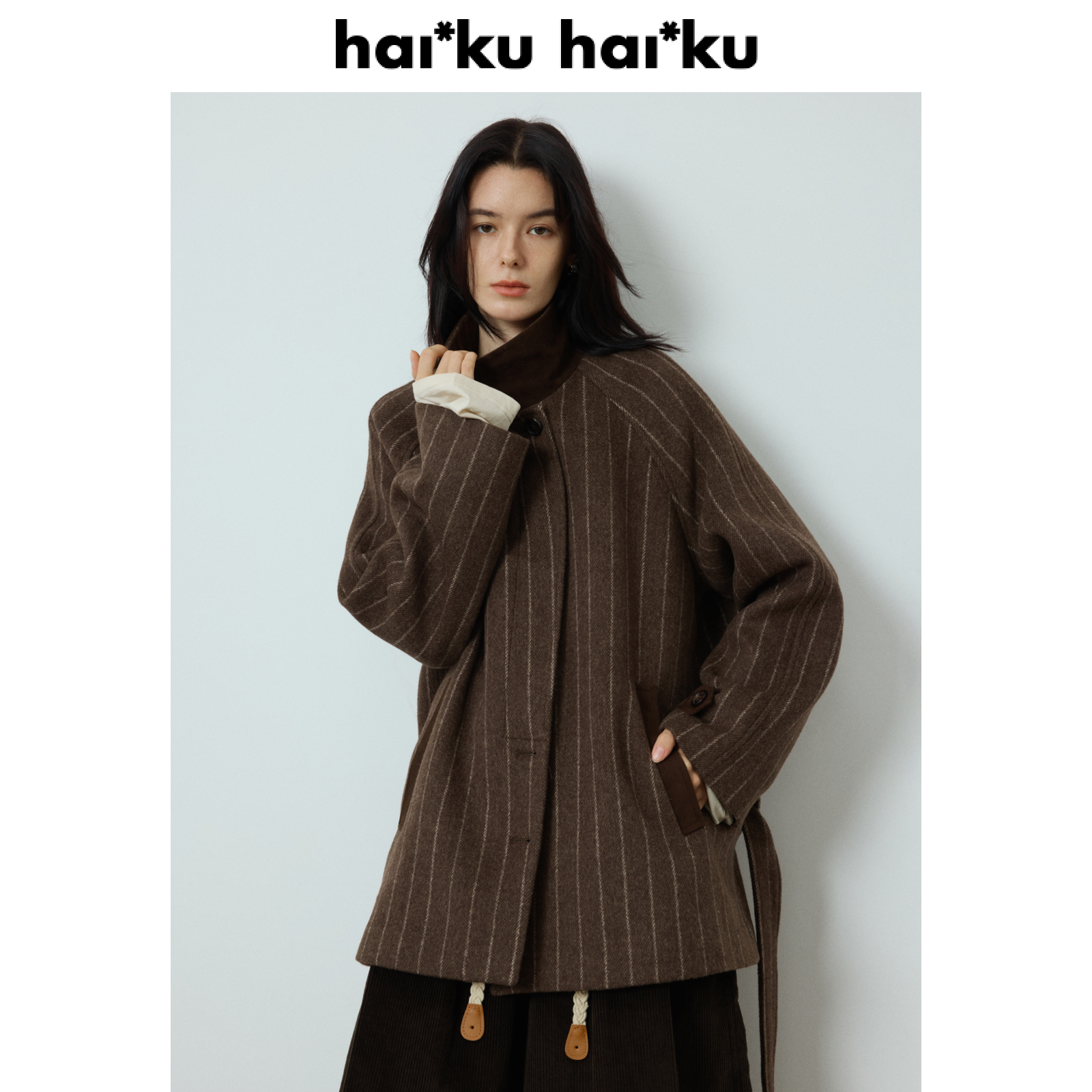 haiku 【清仓4折 不退不换 】条纹毛呢大衣 斜门襟羊毛混纺外套