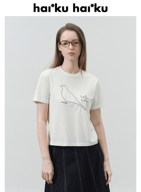 haiku “xiū xiū”小鸟图案字体刺绣上衣白色圆领短袖柔软t恤女