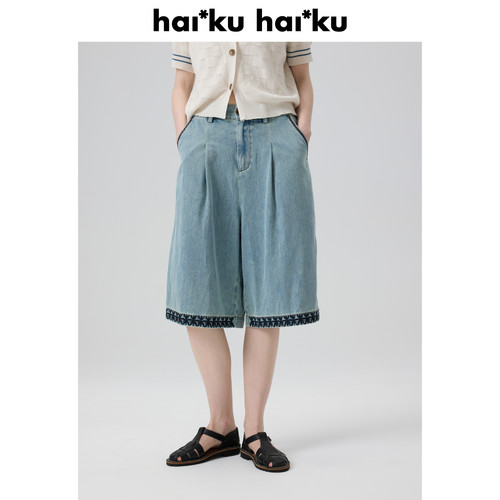 haiku “casa” 建筑雕花刺绣装饰柔软七分牛仔裤 纯棉阔腿短裤夏