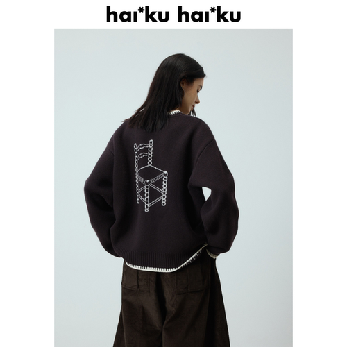haiku【清仓4折 不退不换 】100%羊毛圆领字母提花撞色毛衣针织衫