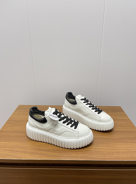 H家饼干鞋潮鞋檀健次情侣款真皮新款H-STRIPES拼色厚底小白鞋板鞋