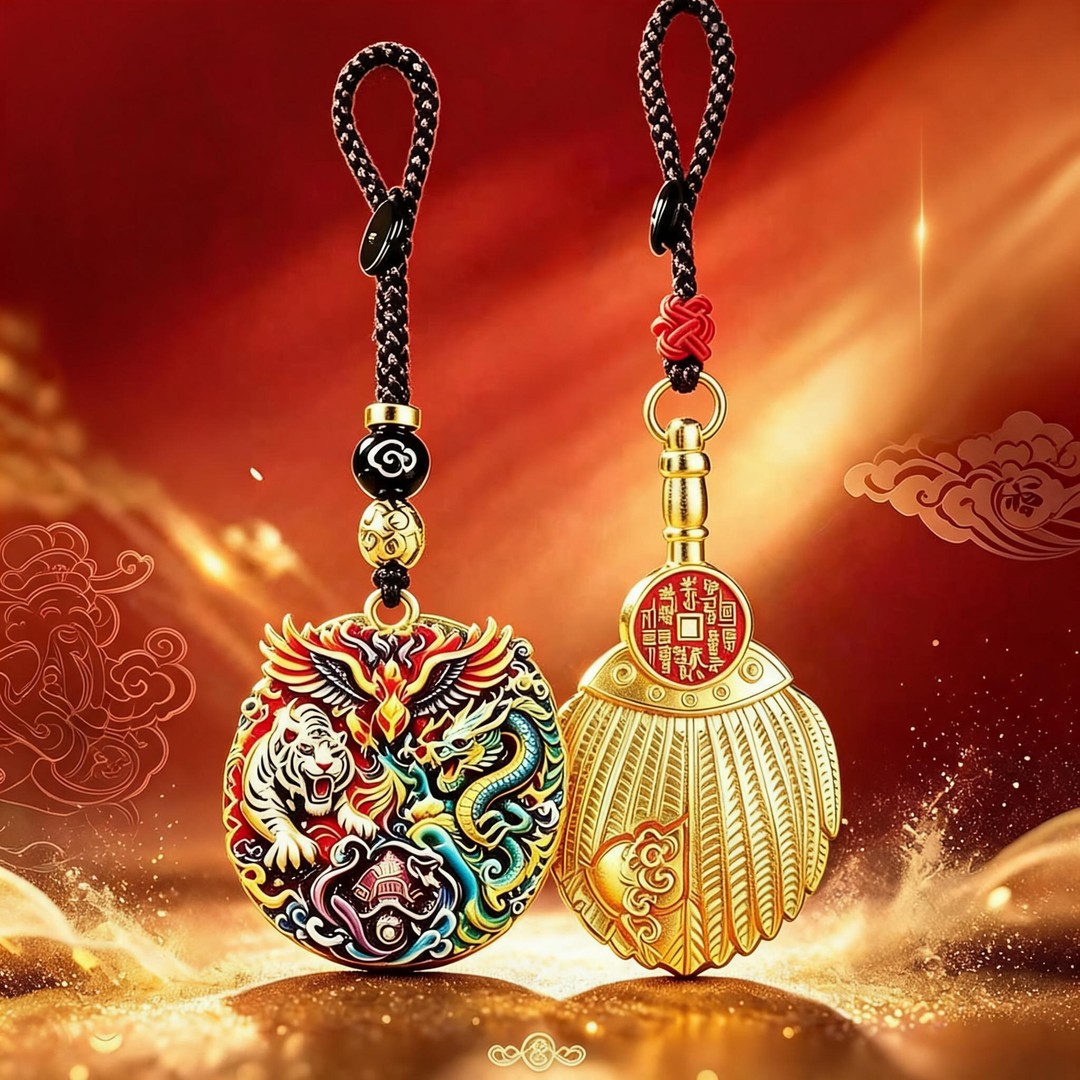 【师傅推荐】臻品.彩绘四方神兽武相铭言羽扇随身汽车挂件钥匙扣