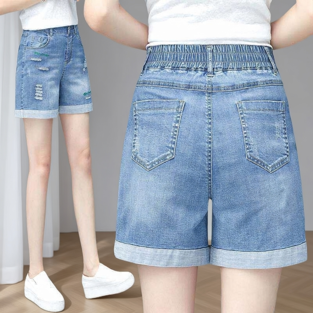 松紧高腰破洞a字阔腿牛仔短裤女
