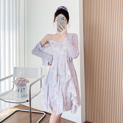 小个子短款紫色吊带裙女夏2025新款森系绝美不规则雪纺碎花连衣裙