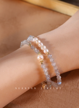 暖言双圈灰月光石手链女天然淡水珍珠双拼手串稳感情助睡眠送礼物