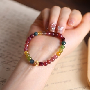 暖言 纯天然碧玺手链女镂空路路通转运珠配饰6mm糖果碧玺手串珠子