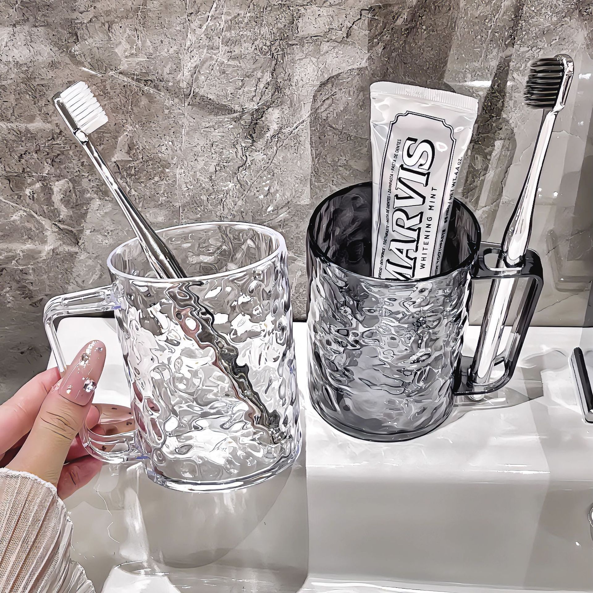 家用冰川纹漱口杯北欧轻奢风透明洗漱杯儿童情侣高颜值创意牙缸