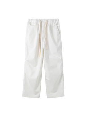 INTERPLAY 白色纯棉人字纹宽松工装伞兵长裤
