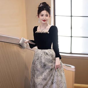 长袖晚礼服女2025新款高级感黑色法式宴会气质艺考主持人长裙秋冬