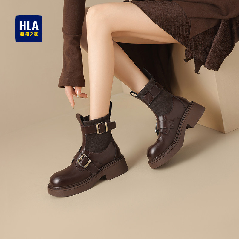 HLA/海澜之家女鞋2025秋冬新款短靴女时尚低跟短筒美拉德风瘦瘦靴,女鞋,马丁靴,淘宝优惠券,粉丝福利购,淘宝优惠卷