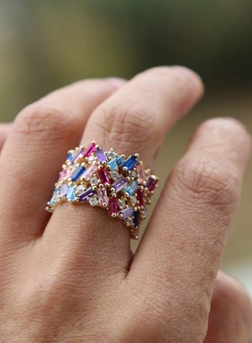 流行新款彩色锆石戒指欧美经典百搭说女士婚戒指环饰品